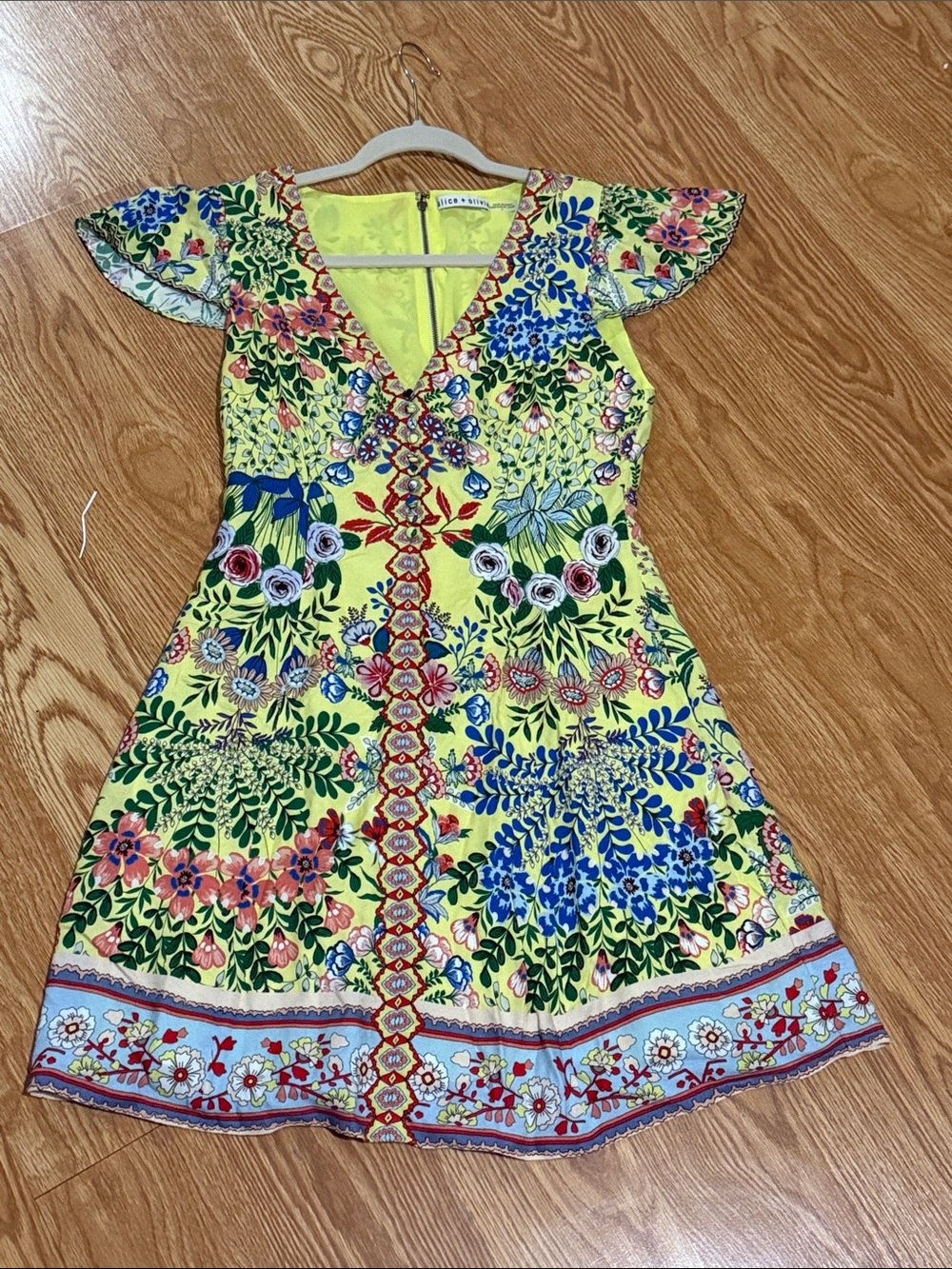 Alice + Olivia Yellow Multicolor Floral V‑Neck Mini Dress